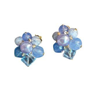 Vintage Clip-On Bead Cluster Earrings Blue Floral Design Made In W Germany